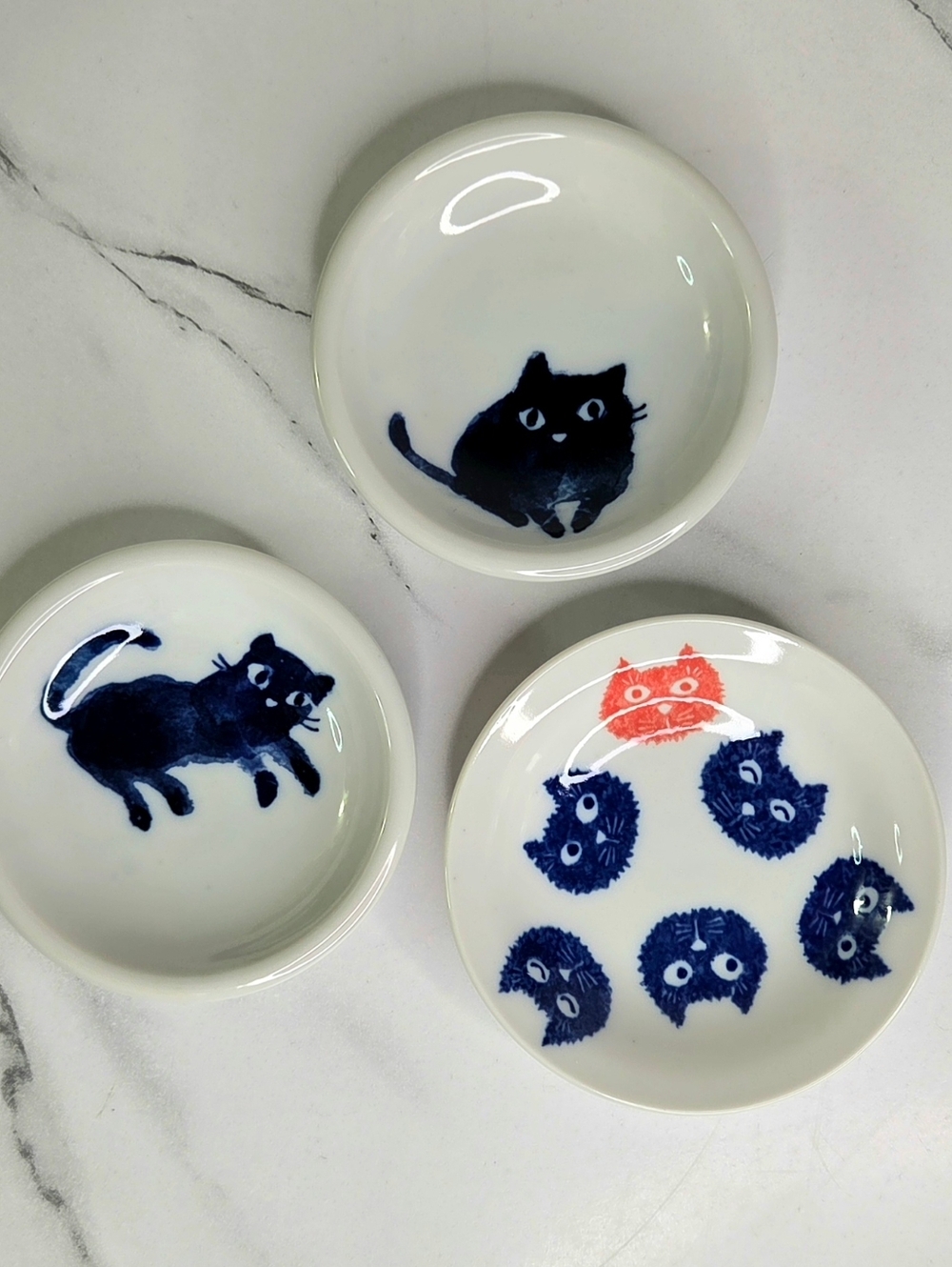 Ceramic Cat Motif Sauce Dishes - White & Blue - 3 Piece Lot 3.75"- 4"